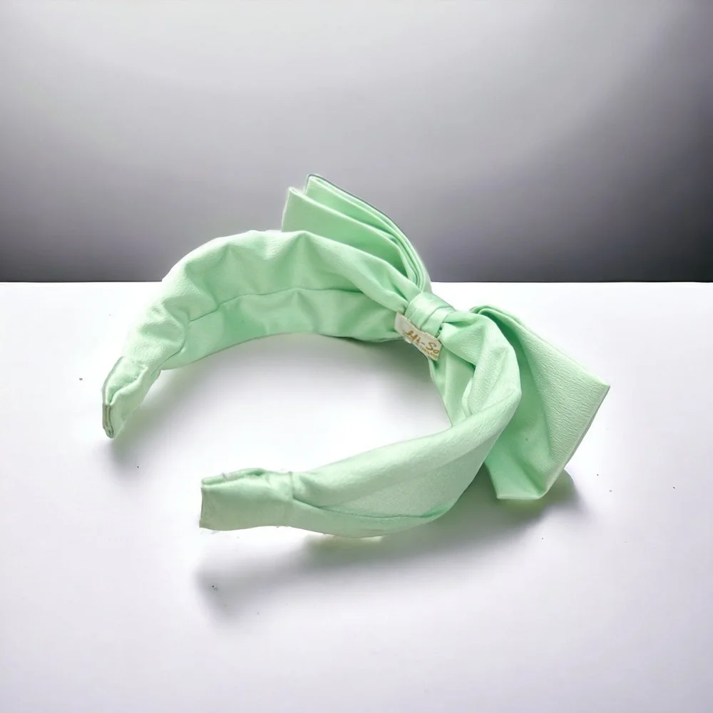 Pastel Mint Green Oversized Bow Thick Silky Satin Headband - Picture 3 of 4